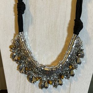“G” black cord and silver tone mesh necklace NWT